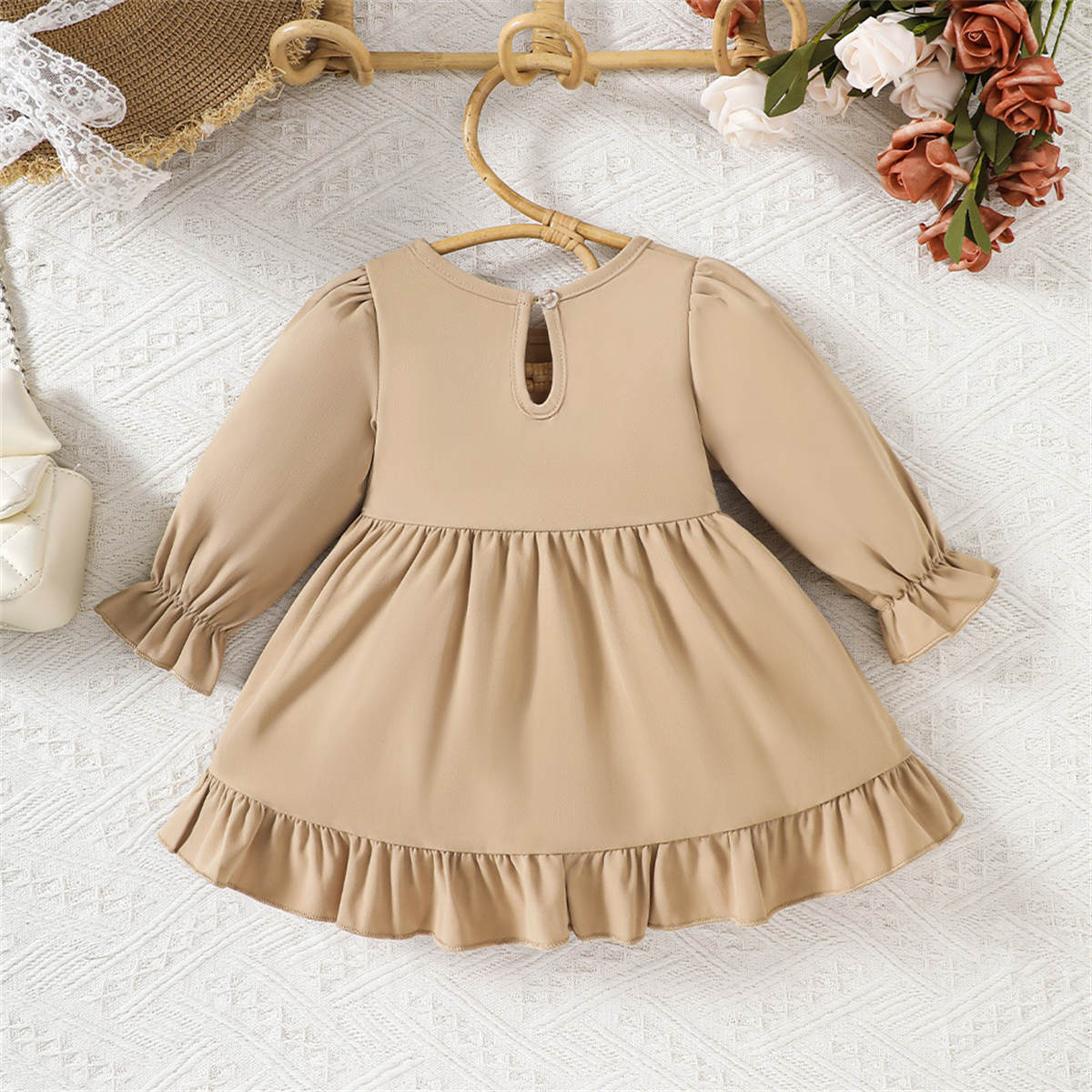 Girls Ruffle Lace Long Sleeve Solid Color Printed Dress