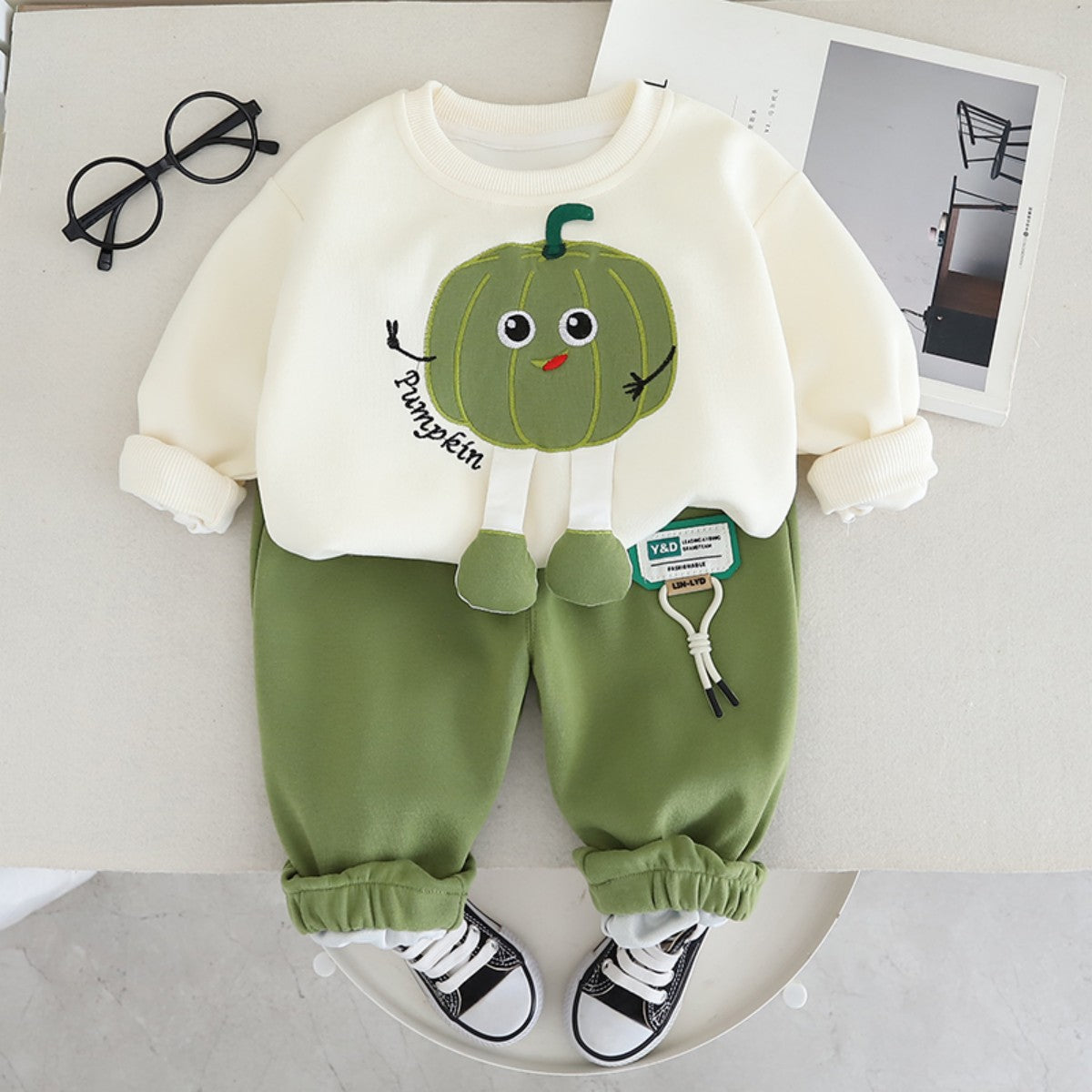 Boys' new style cartoon pumpkin children's clothes spring and autumn fashionable all-match sweater two-piece warm children's clothing