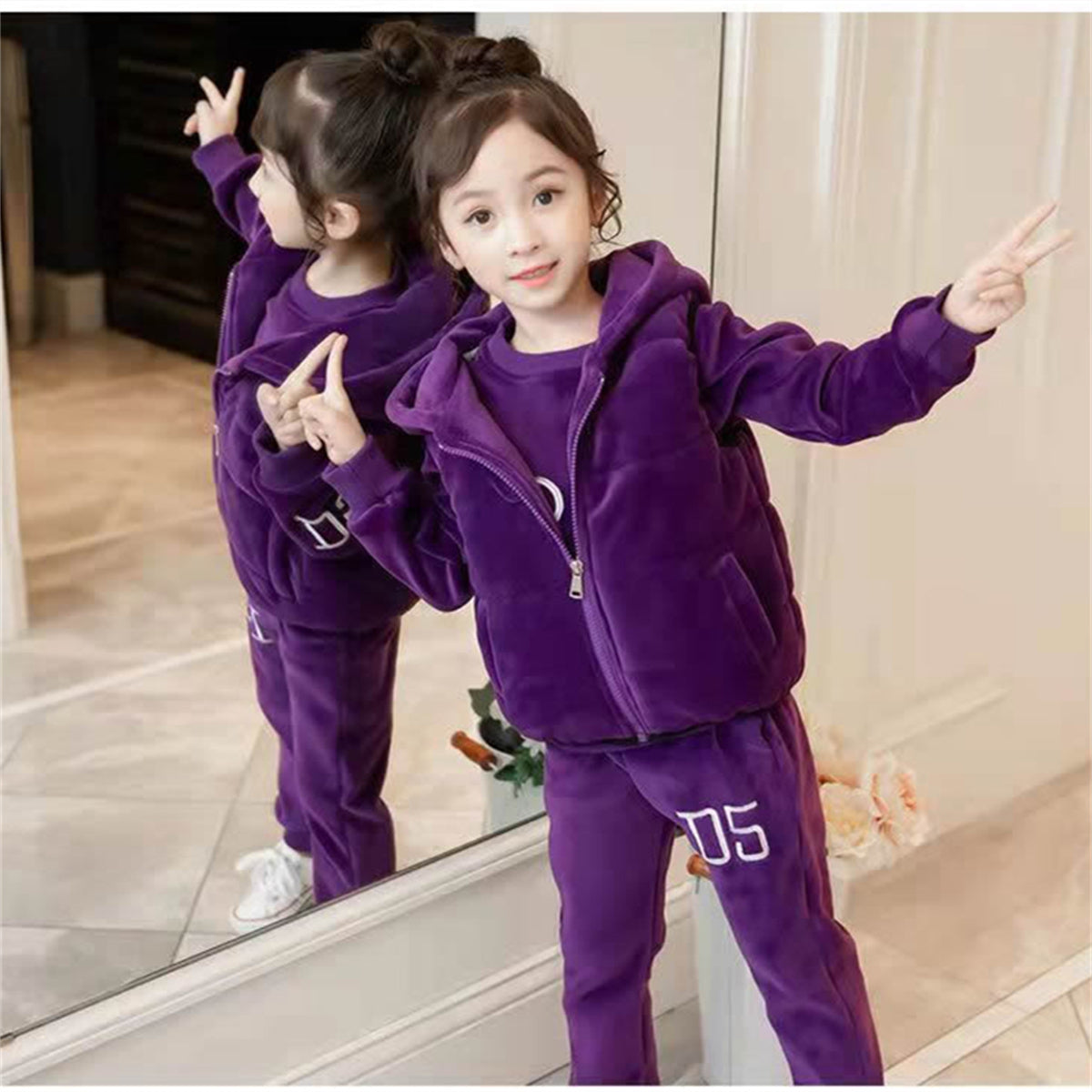 Medium and large girls casual sports style double-faced fleece casual sweatshirt three-piece set