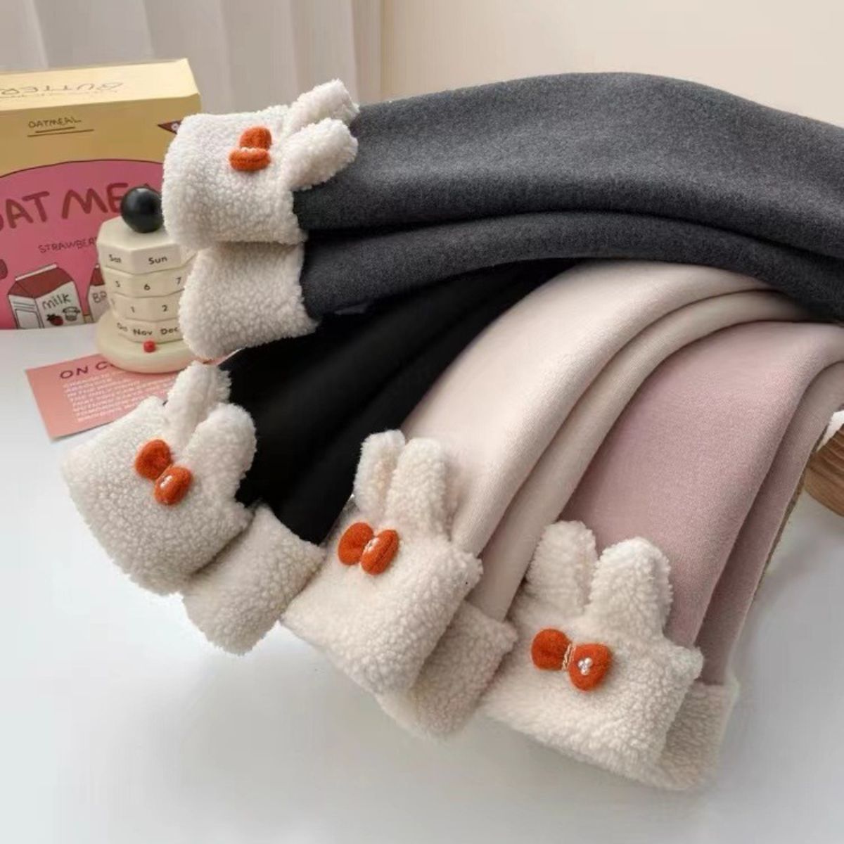 Girls rabbit ears plus velvet leggings thickened autumn and winter baby girls one-piece velvet lambskin outer wear warm pants