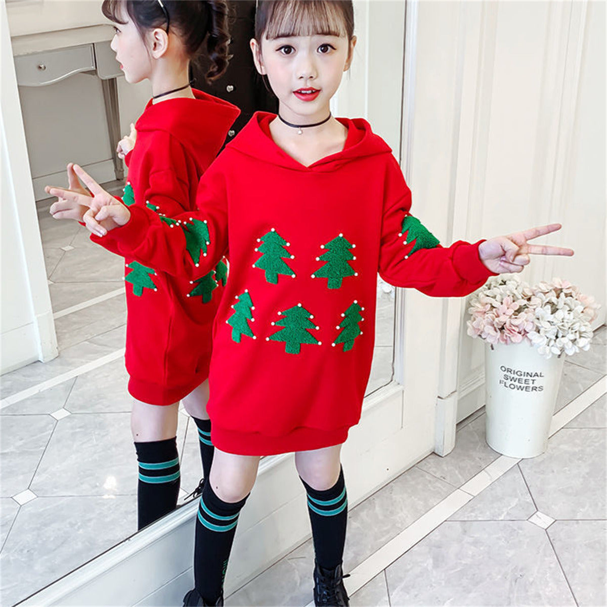 Medium and large children's long sweatshirt versatile long sleeve sweatshirt