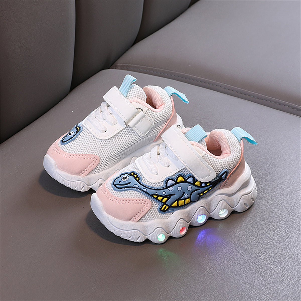 Children's and boys' spring and autumn cute dinosaur baby luminous LED Velcro breathable sports shoes