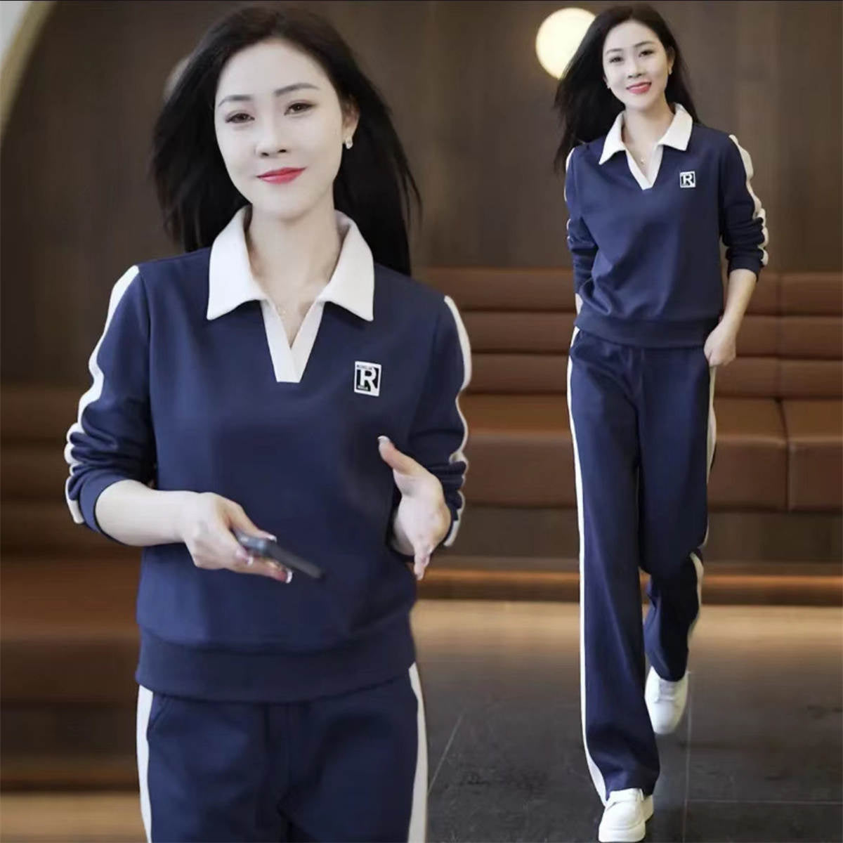 Women's simple lapel sweatshirt + sweatpants two-piece set