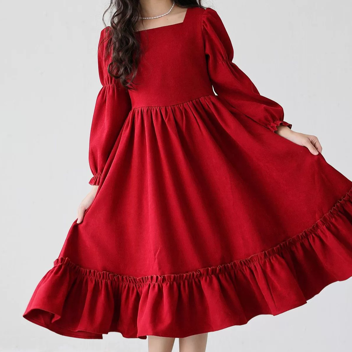 Autumn red elegant lady-style lace long-sleeved dress for middle and large girls