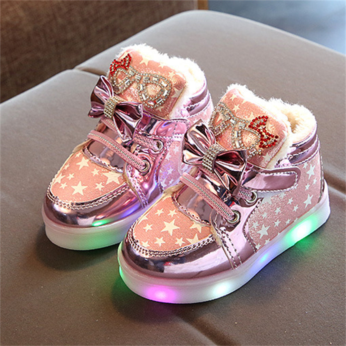 Cute and elegant bow-knot glittering LED high-top sneakers for little girls