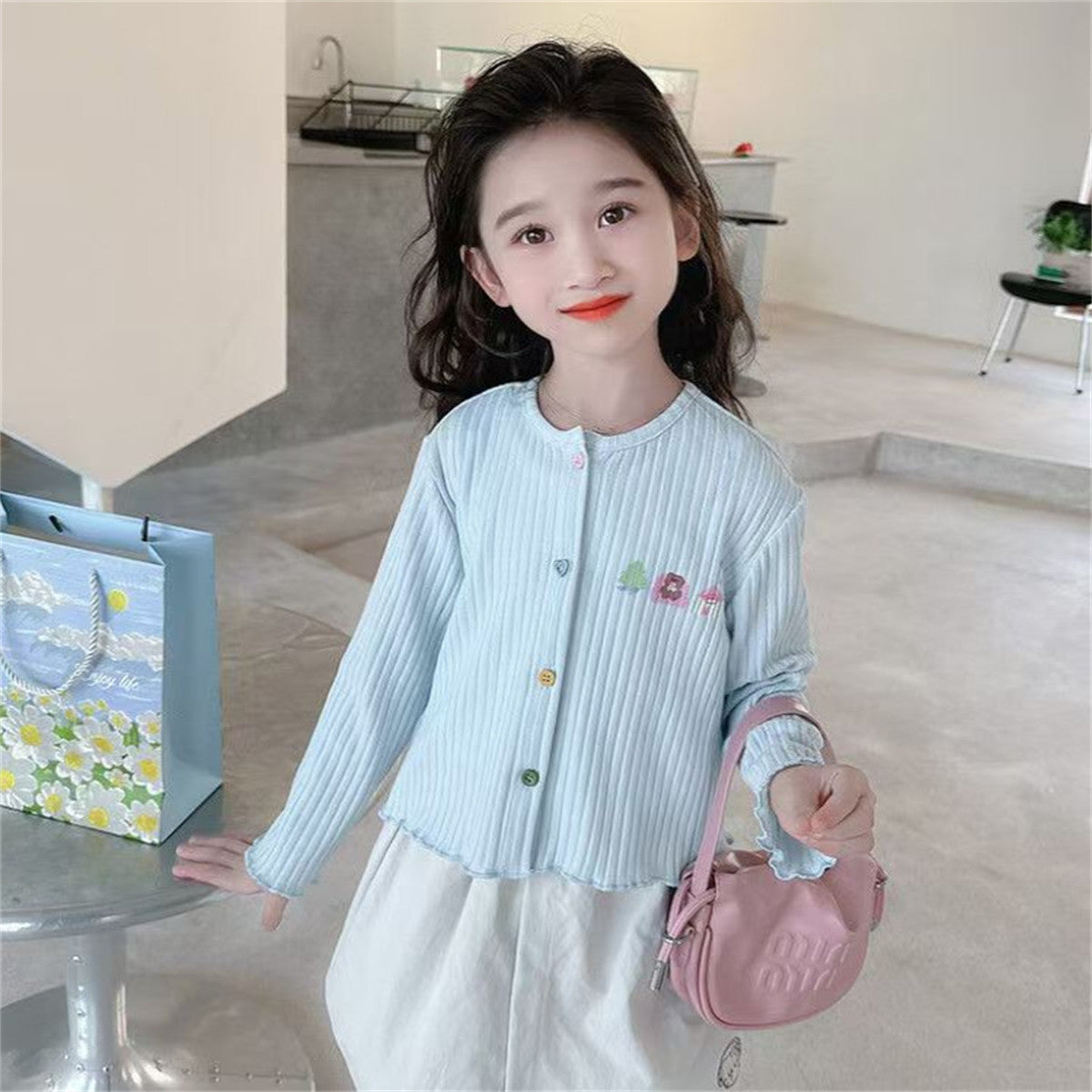 Versatile Colorful Button Girls Knitted Sweater Knitted Top