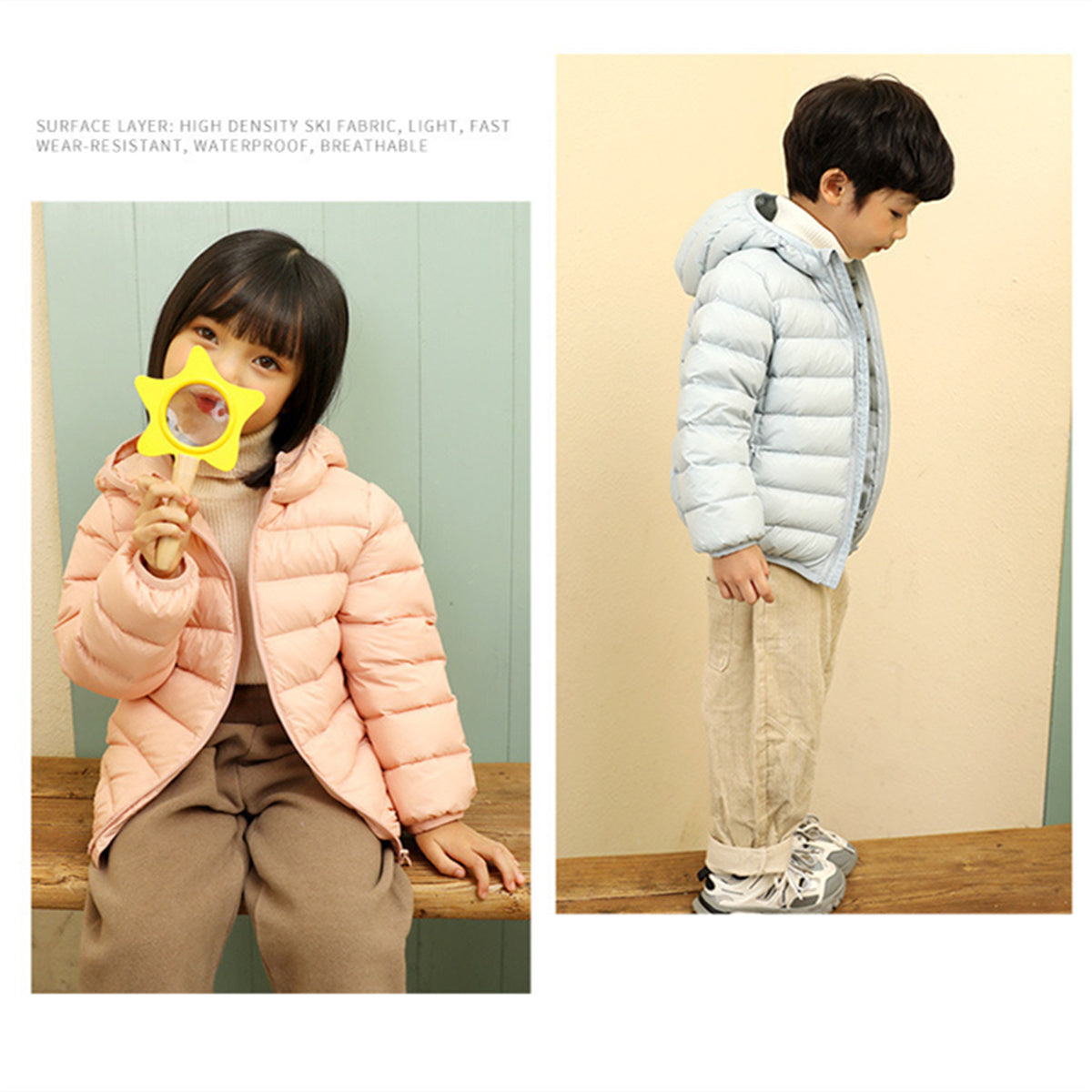 Winter simple solid color thin hooded short down jacket for boys and girls