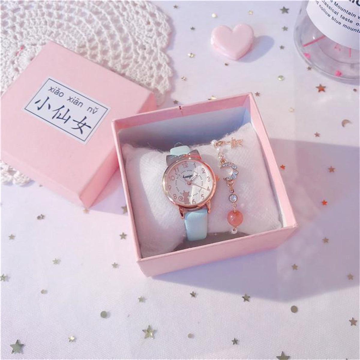 Children's Girls 2-piece Set Lady Style Cute Bow Cat Exquisite Bracelet Watch