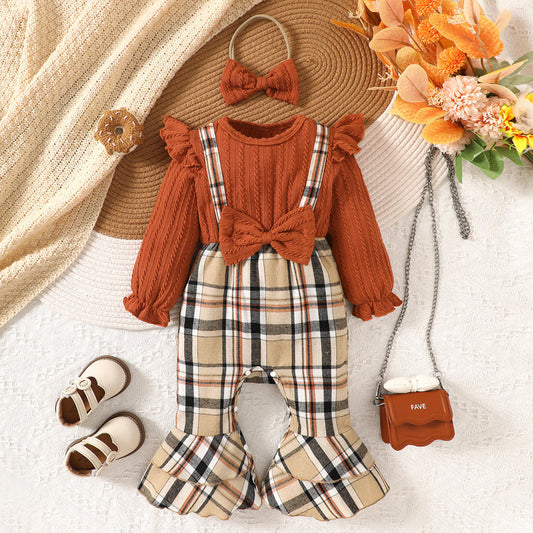 Baby girl's plaid striped waist long sleeve long leg romper