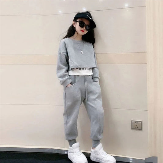 Solid color versatile casual children's clothing suit long-sleeved sweatshirt children's two-piece sportswear