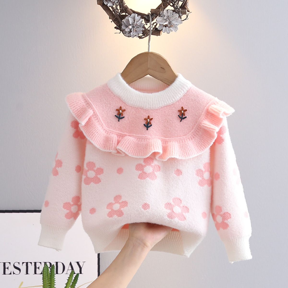 Girls sweater knitted sweater spring and autumn new style children's clothing coat small flower baby princess top