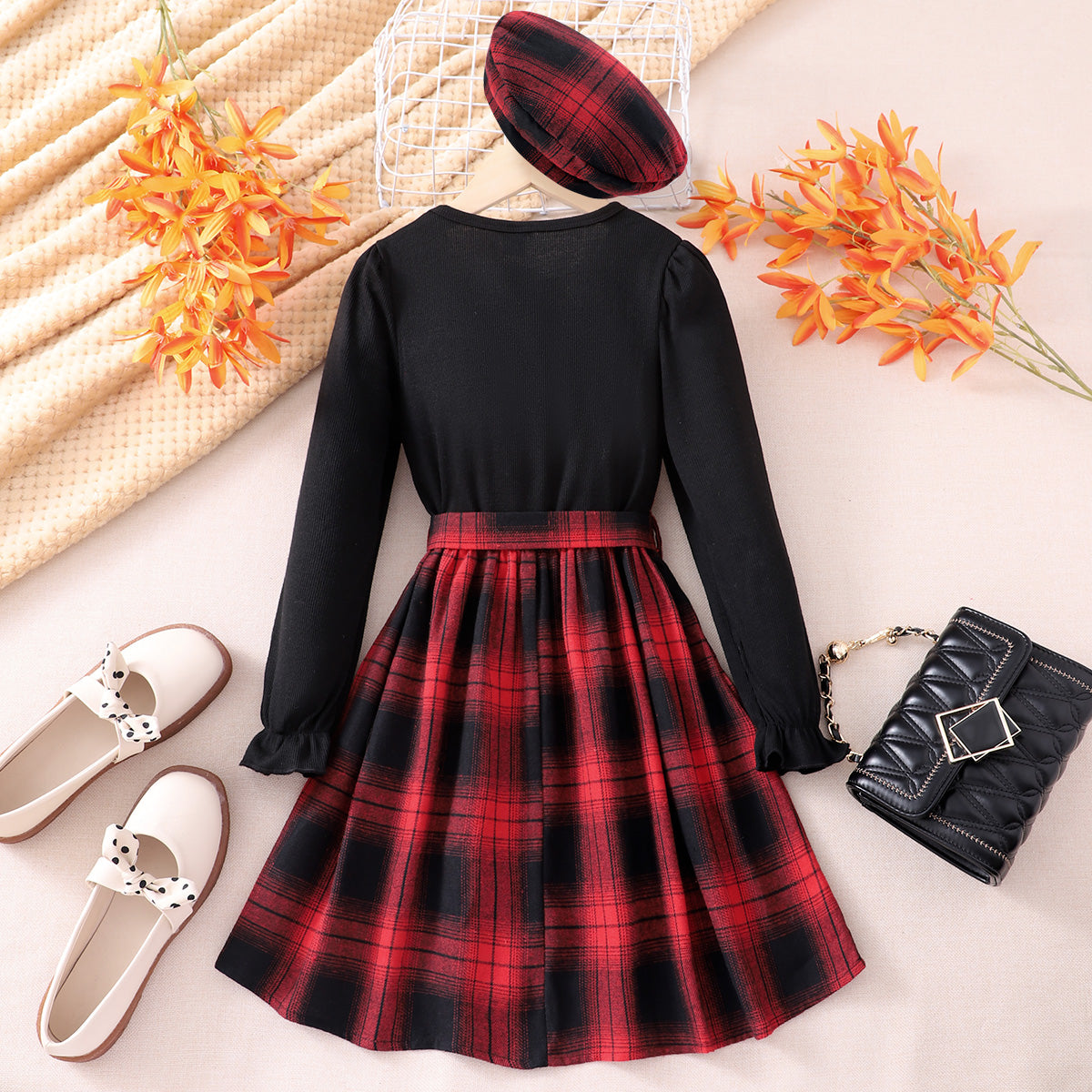 Kid Girl 2 in 1 Plaid Patchwork Belted Long Sleeve Dress with Matching Beret