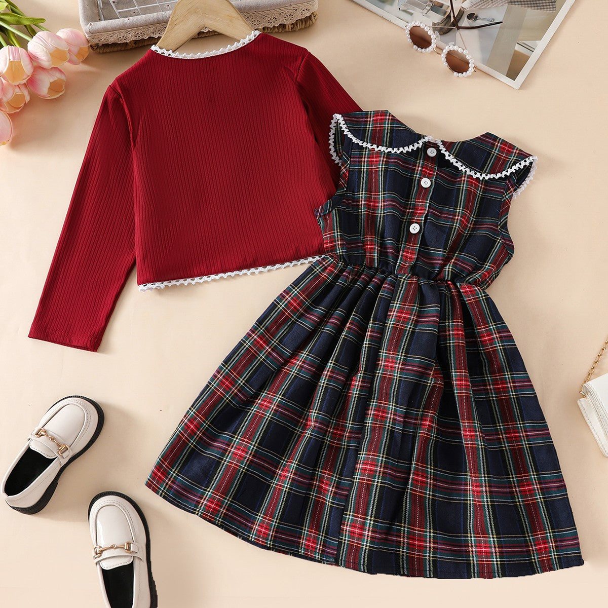 Girls' four seasons suit skirt casual college style red plaid sleeveless waist dress + bow cardigan short jacket two-piece suit