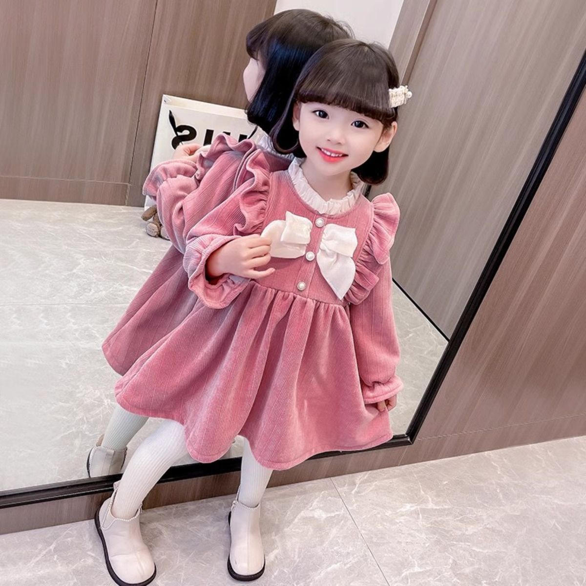 New sweet bow dress autumn and winter children's fashionable mid-length skirt