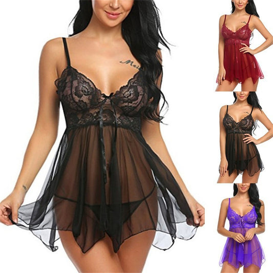 Sexy lingerie women's see-through front slit suspender nightdress