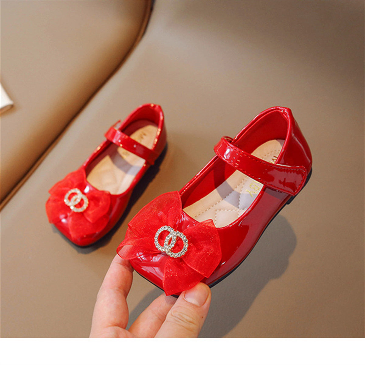 Sweet Chanel style square toe bow flat leather shoes for little girls