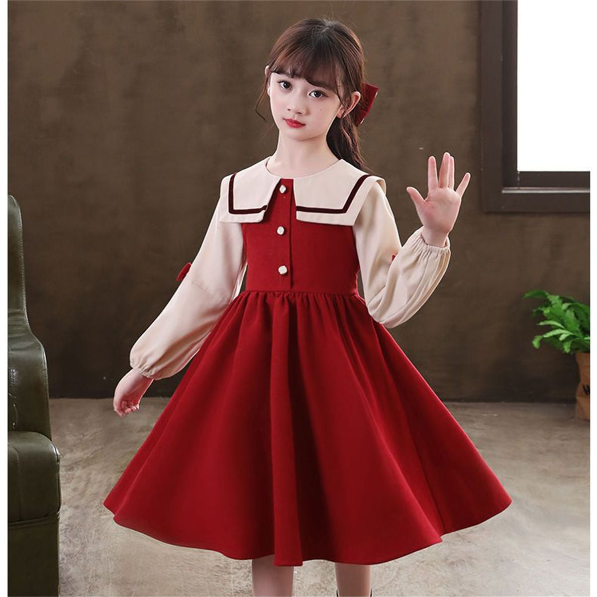 Autumn color matching sweet princess style navy collar bow long sleeve dress for middle and large children girls