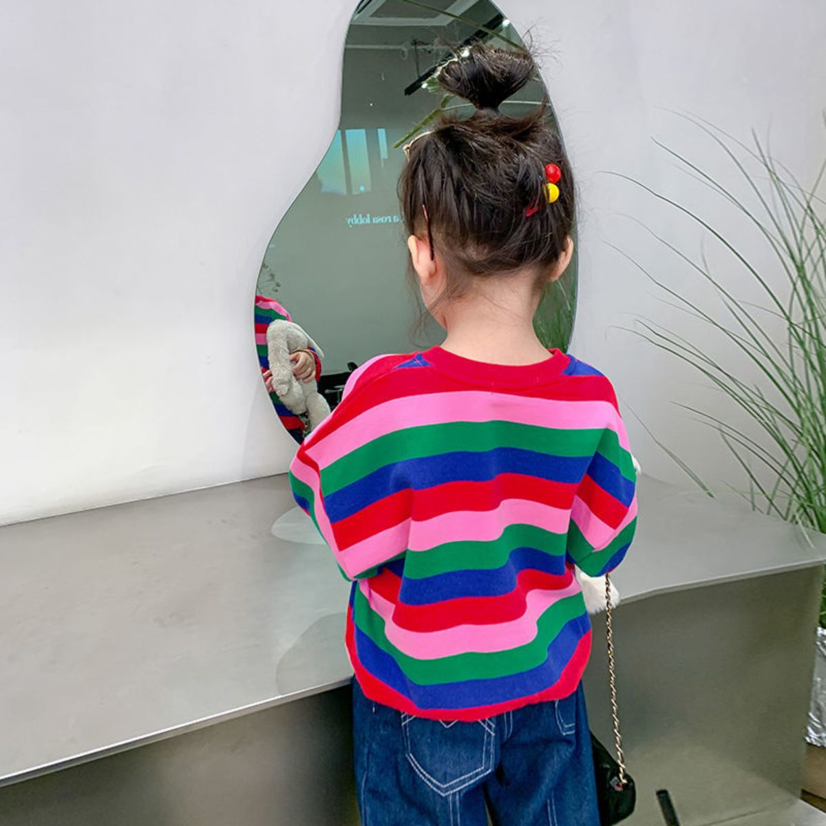 Children's baby girl spring and autumn new versatile striped colorful loose long-sleeved round neck sweater jacket