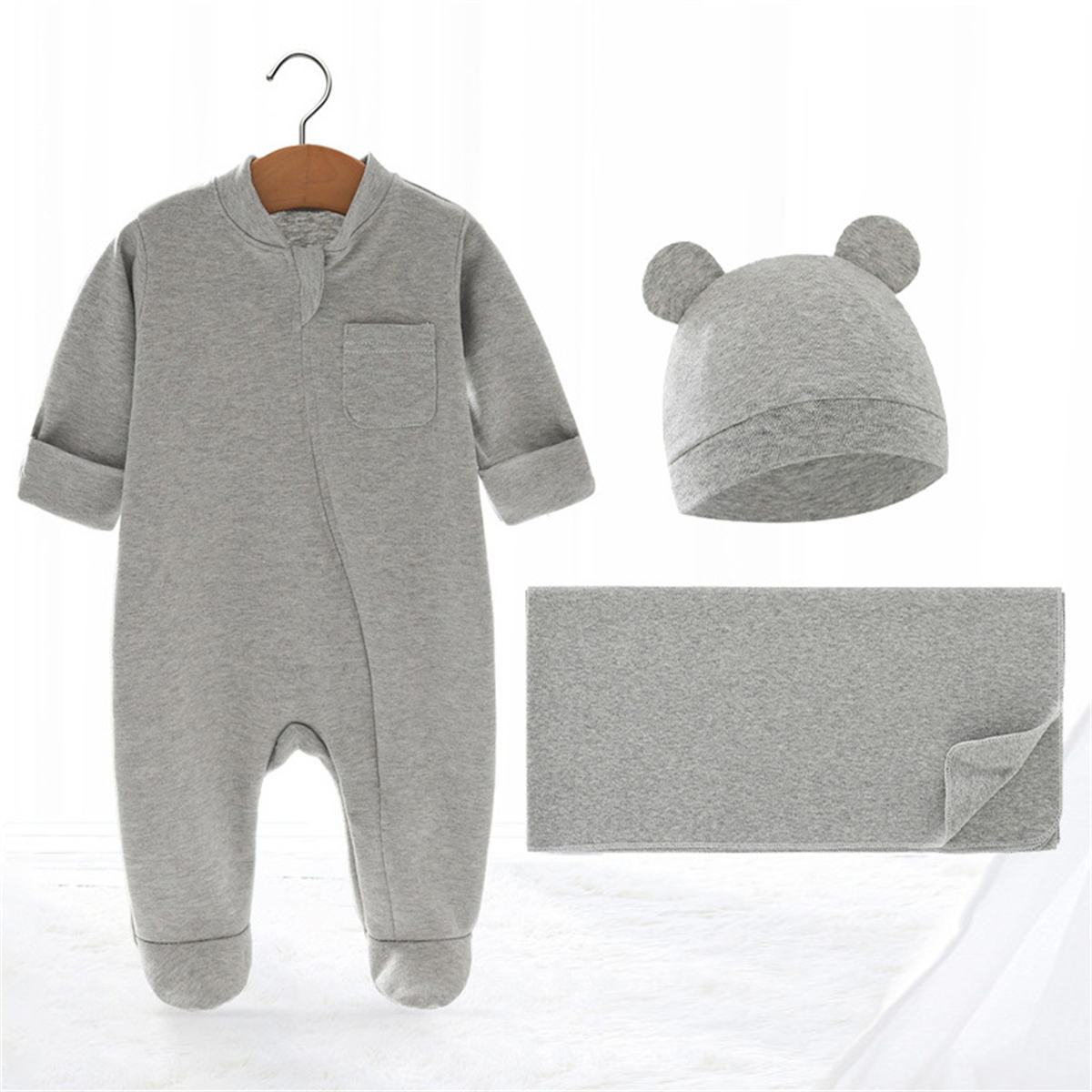 Newborn pure cotton long-sleeved foot-covering crawling suit jumpsuit hat + swaddle