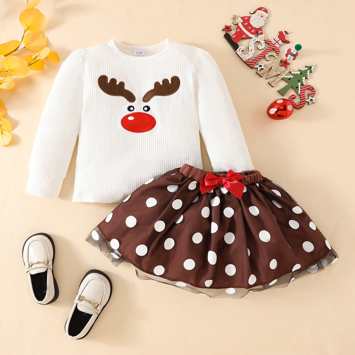 0-4 years old girls Christmas party atmosphere elk print long-sleeved T-shirt with polka dot bow mesh skirt autumn suit