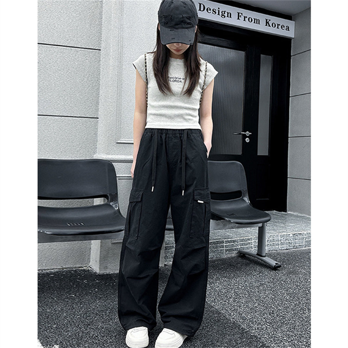 Girls Urban Sports Style Multi-Pocket Solid Color Woven Trousers