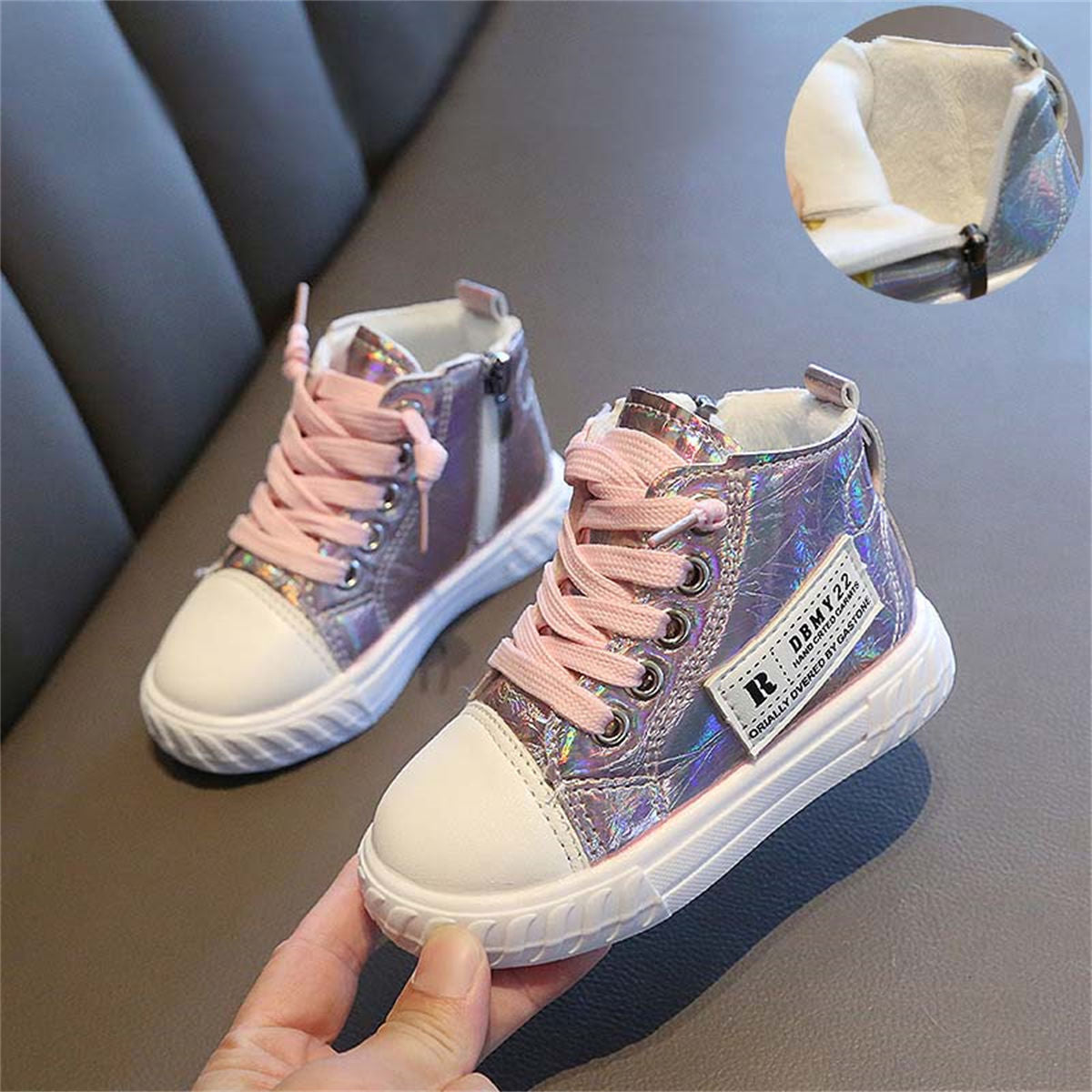 Winter velvet-lined bright-color sequined high-top canvas shoes for boys and girls