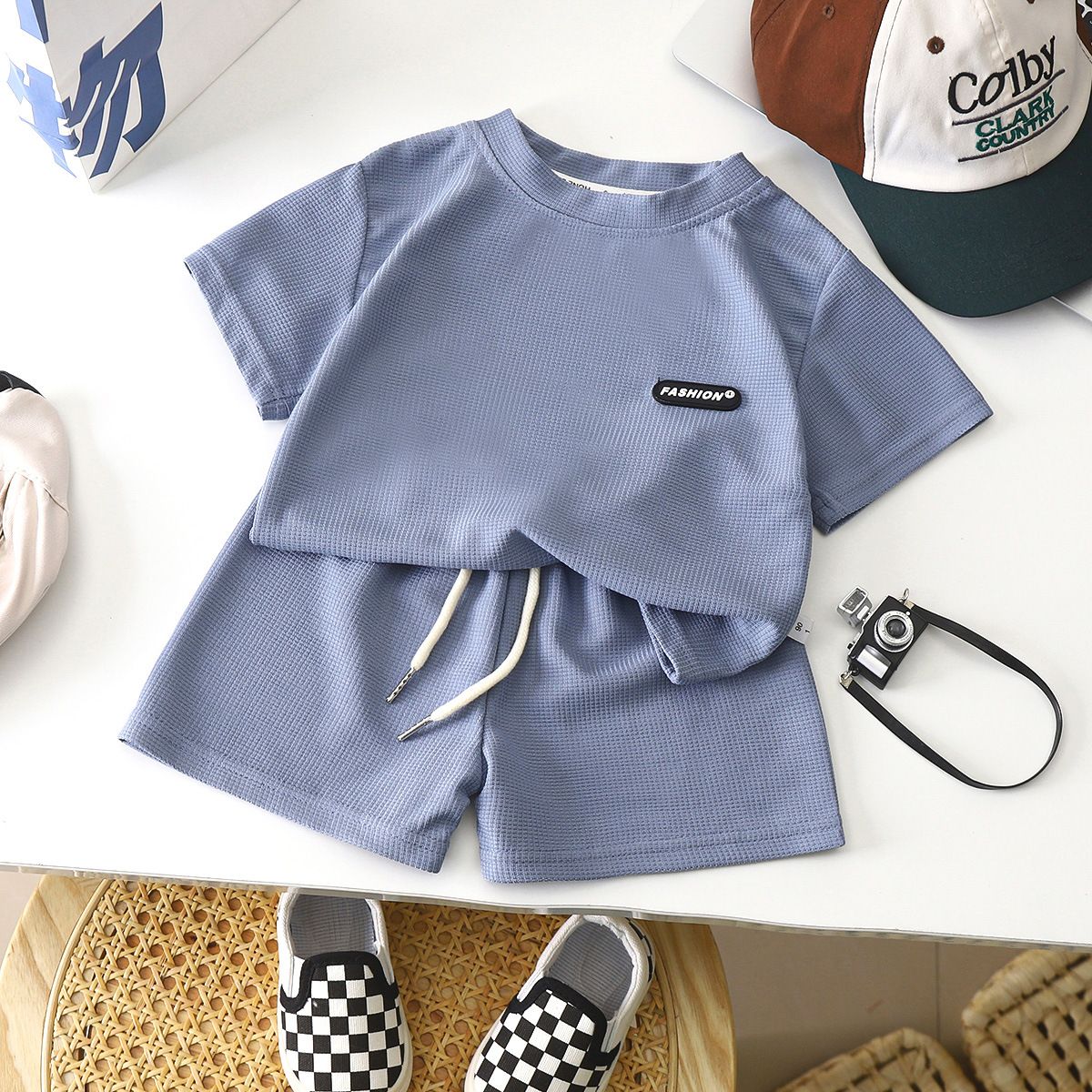 New style children's clothing summer children's leisure suit loose clothes boys short-sleeved waffle baby summer