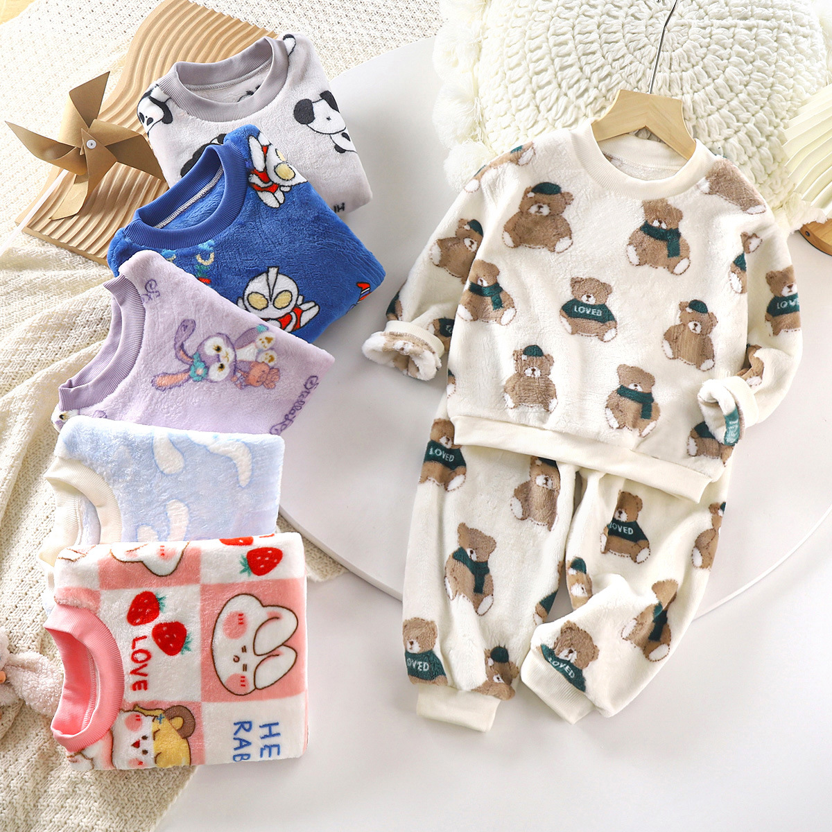 Children's flannel underwear warm cartoon print pajamas 2-piece set