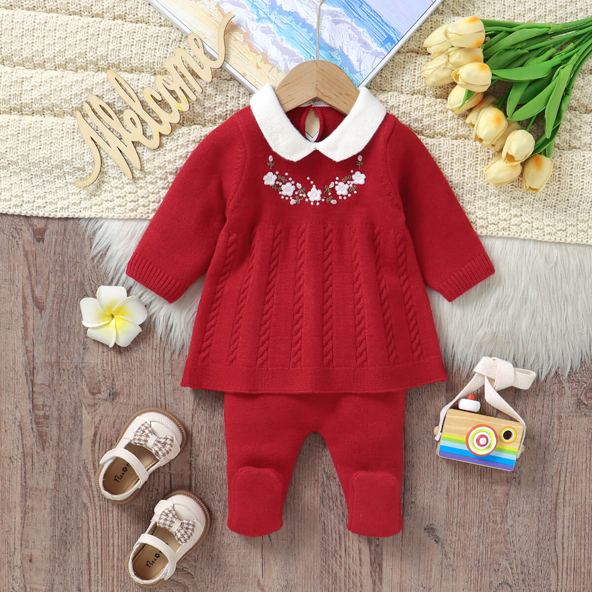 Infant knitted tops, hand-crocheted embroidered pullover sweater + foot-length socks and pants two-piece set