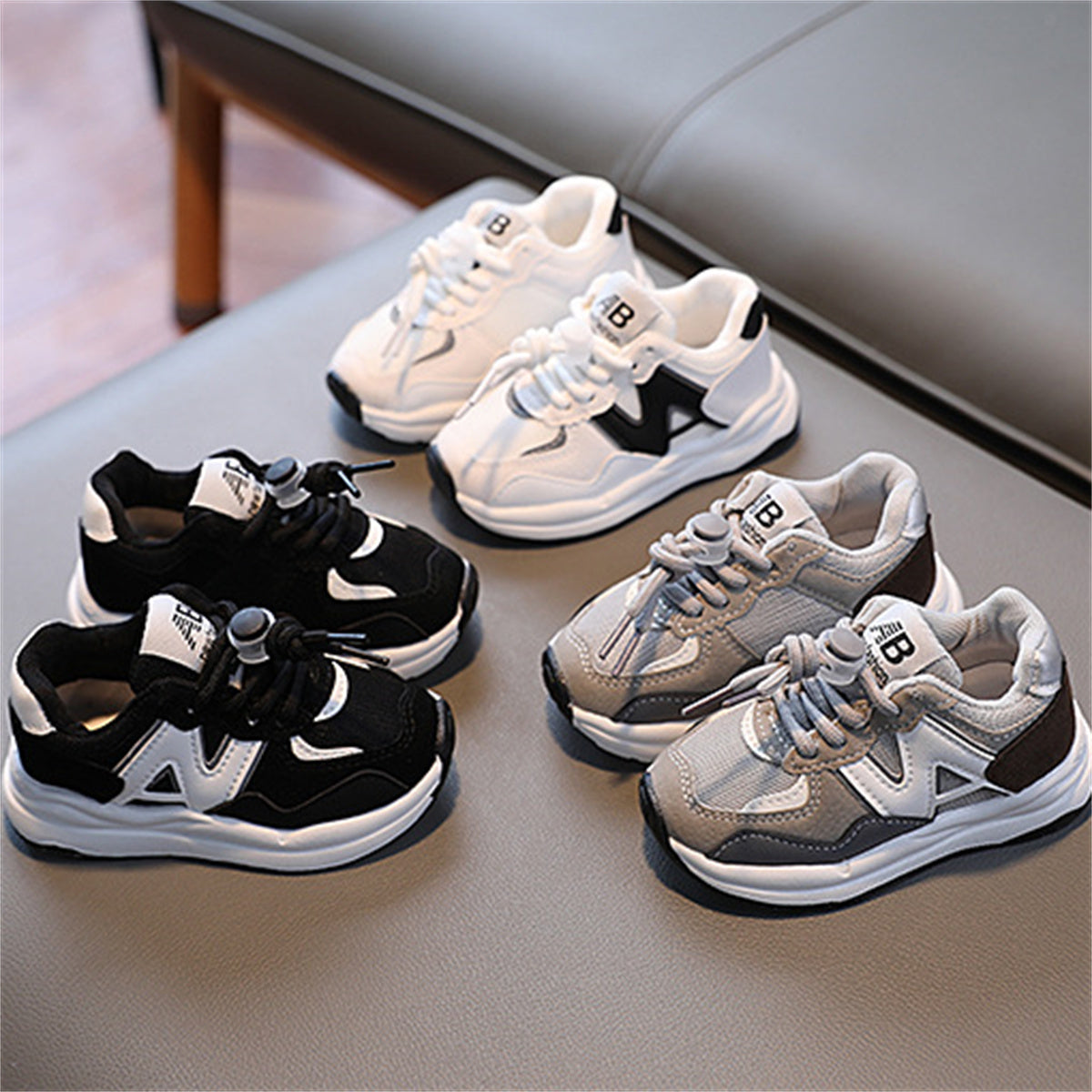 Children's and boys' spring and autumn tower buckle color matching simple line support soft sole sports shoes