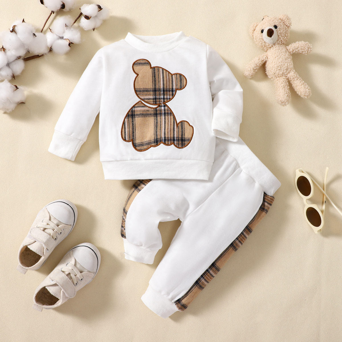 2-piece Baby Boy Plaid Bear Patchwork Long Sleeve Top & Plaid Patchwork Cropped Pants