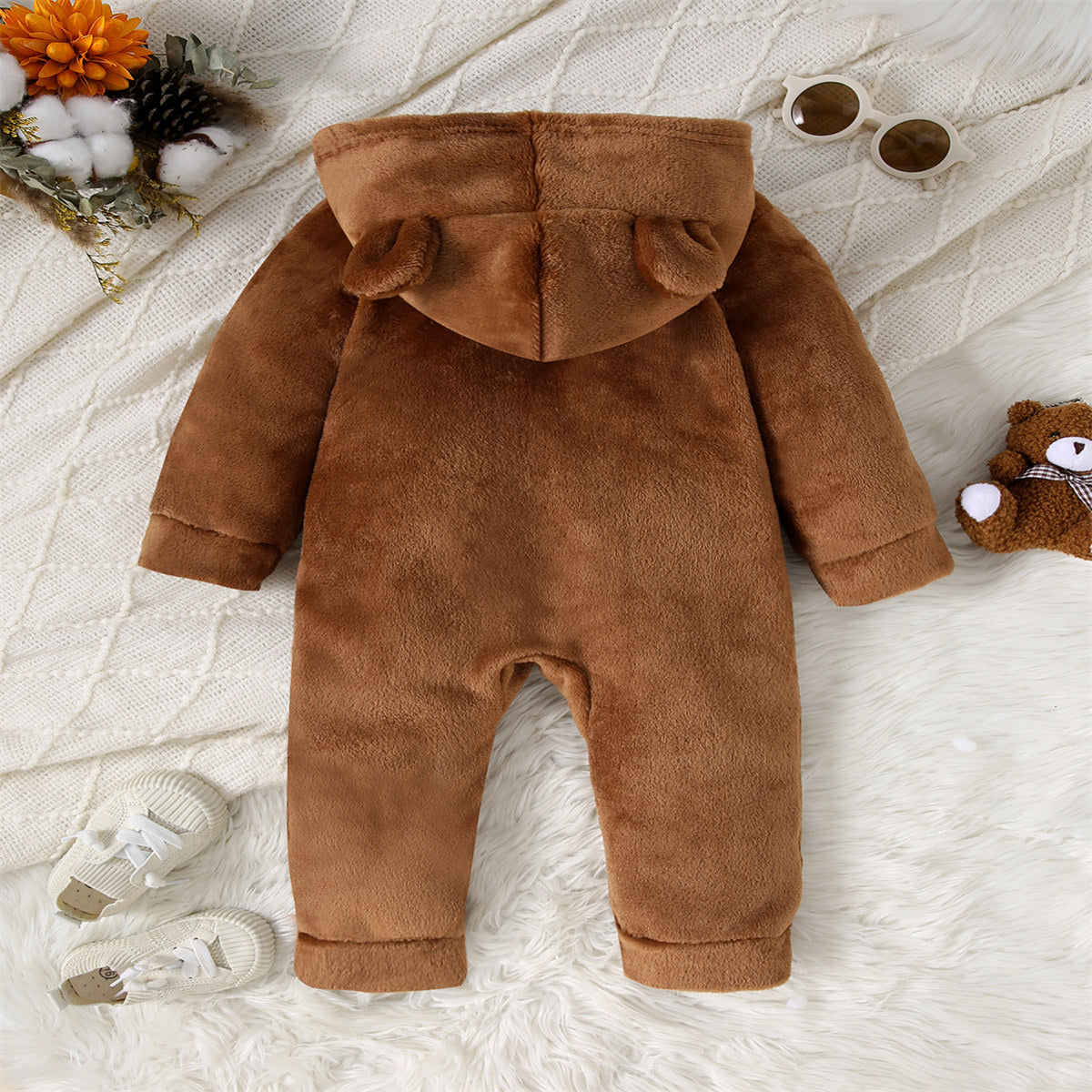 Autumn and Winter Baby Boys Three-Dimensional Bear Applique Embroidery Double-Sided Flannel Zipper Hooded Long-Sleeved Bodysuit