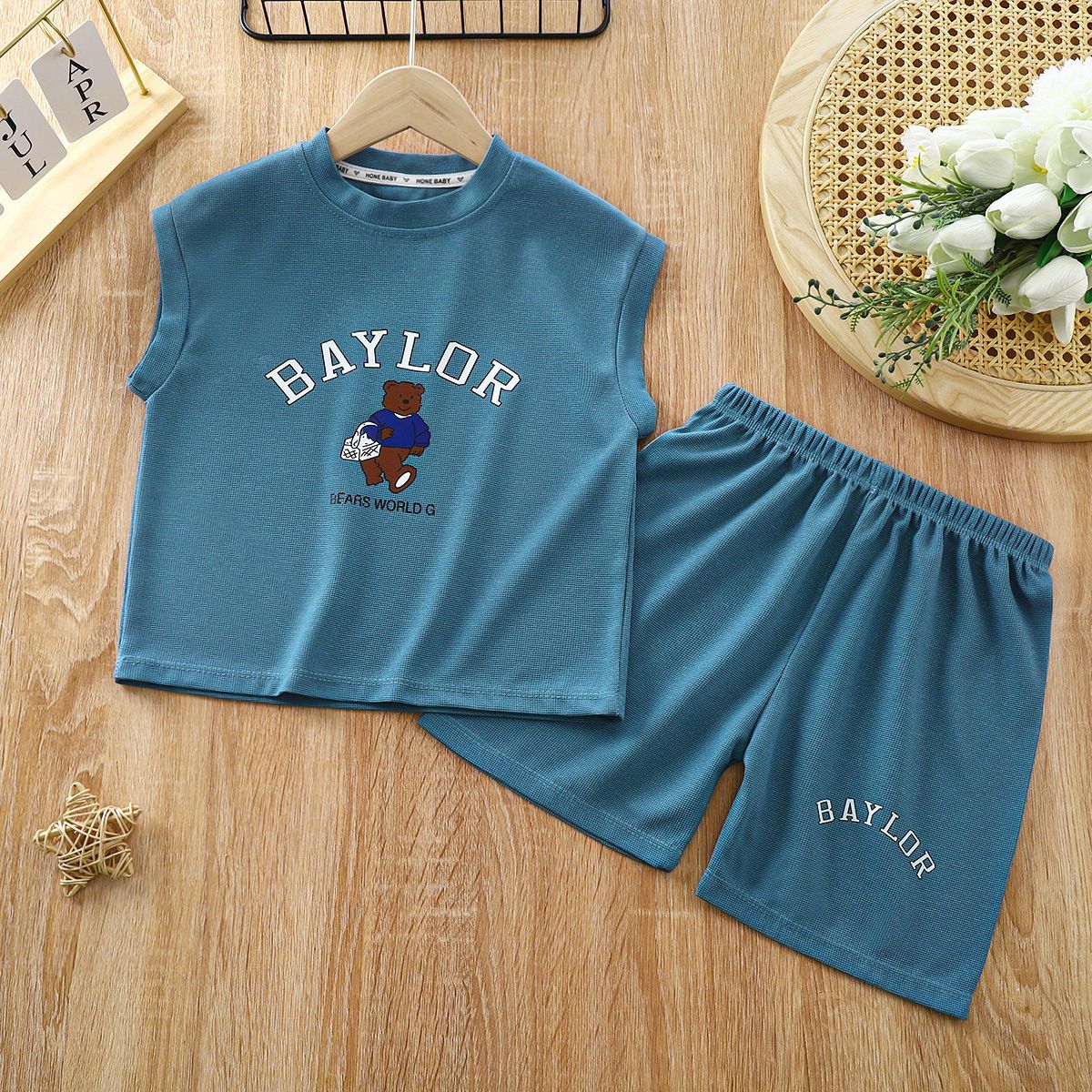 Children's vest suit new waffle top sleeveless shorts baby summer children's clothing