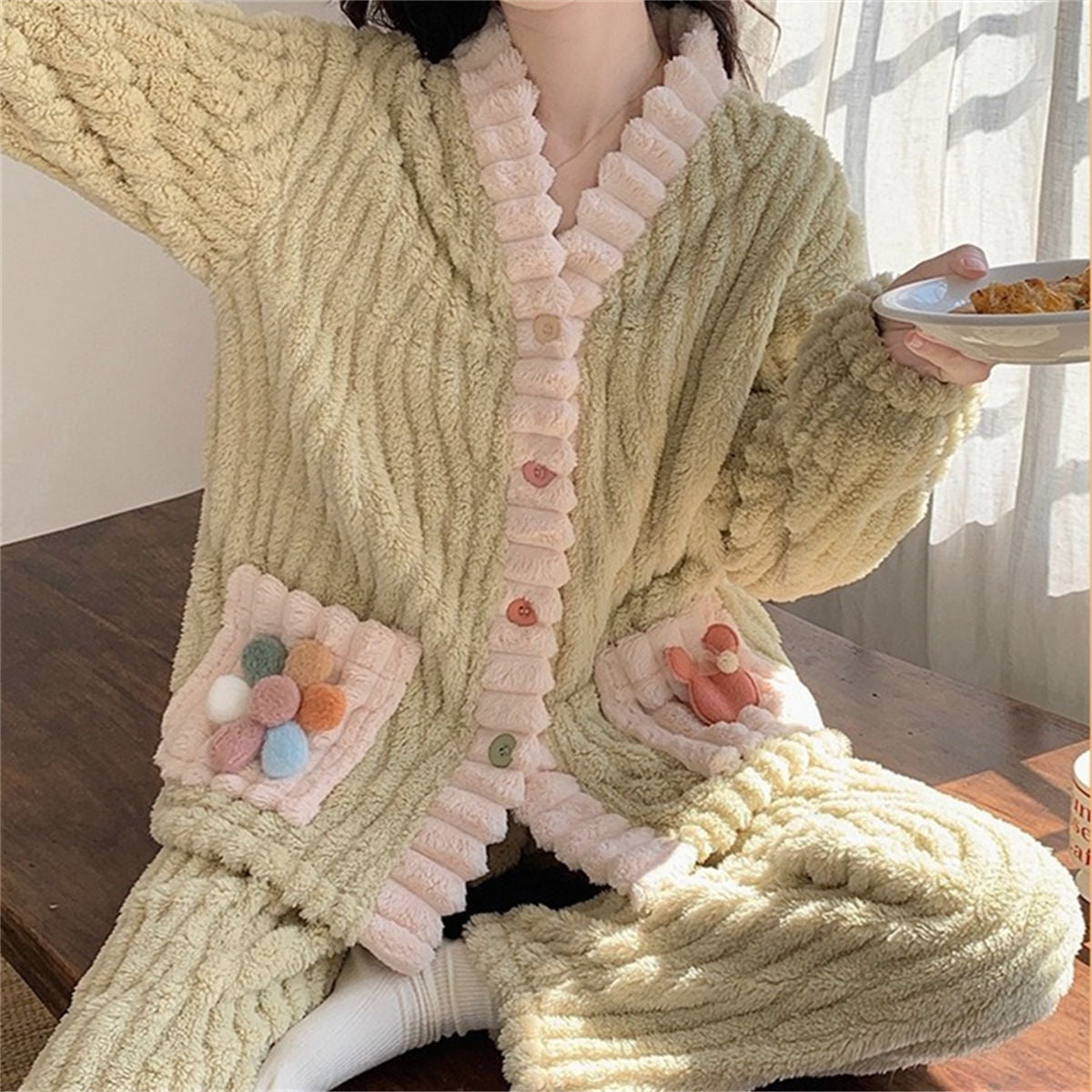 Women's cardigan flannel warm home wear suit