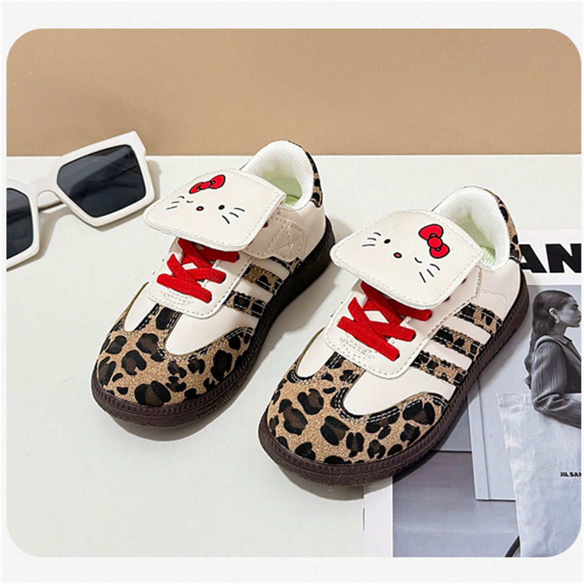 Middle and large girls autumn Kate cat leopard print soft bottom low top canvas shoes