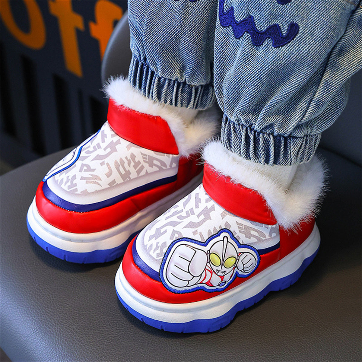 Winter Ultraman pattern warm waterproof cotton slippers for little boys