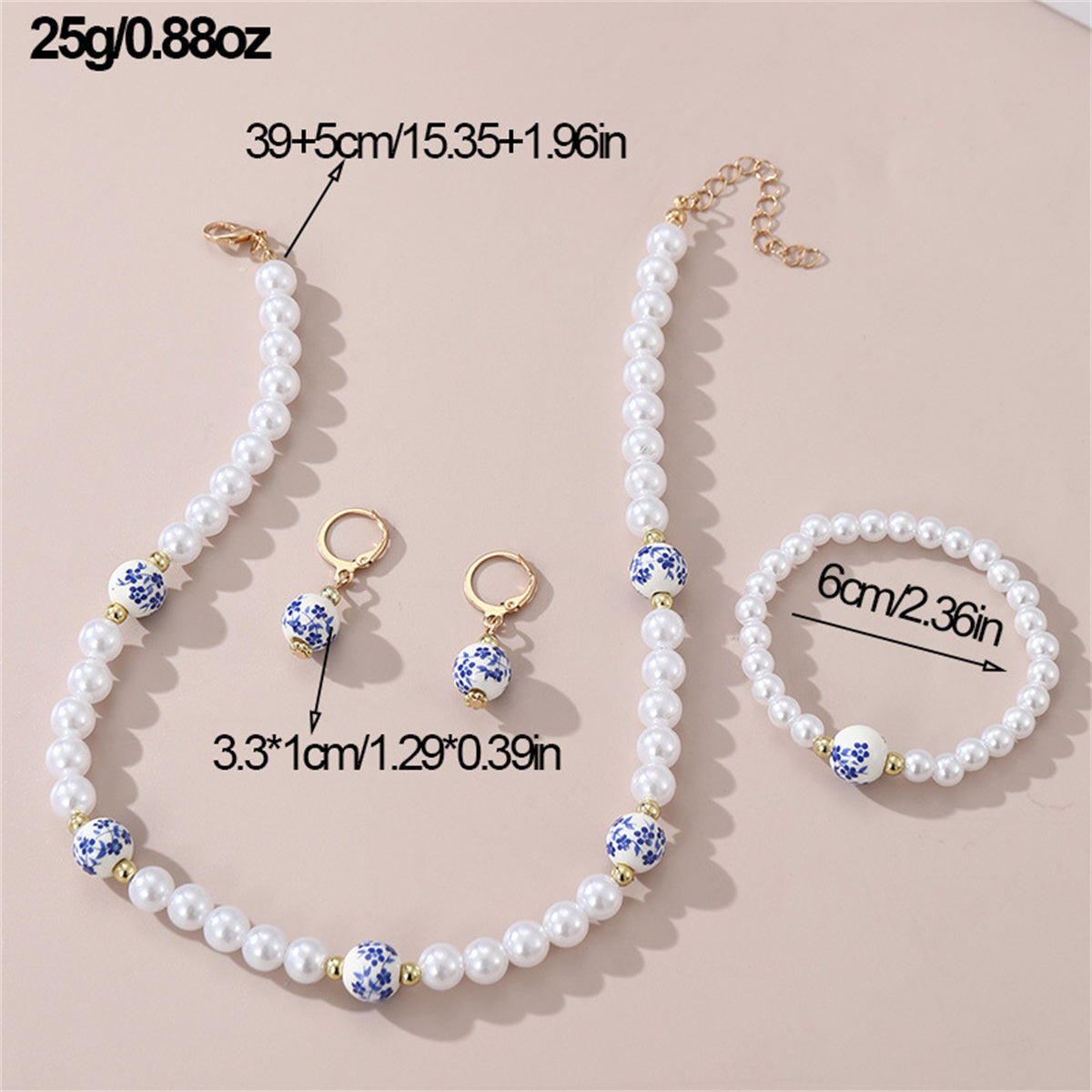 Children's 3-piece elegant temperament printed ceramic plum blossom shaped pearl jewelry set