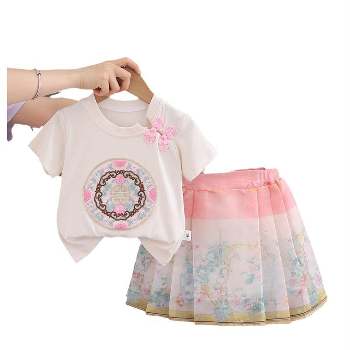 Girls 2-piece embroidered short-sleeved T-shirt and tutu skirt set