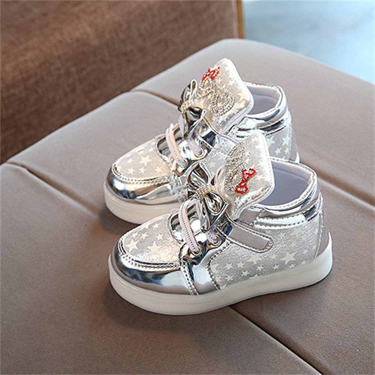 Cute and elegant bow-knot glittering LED high-top sneakers for little girls