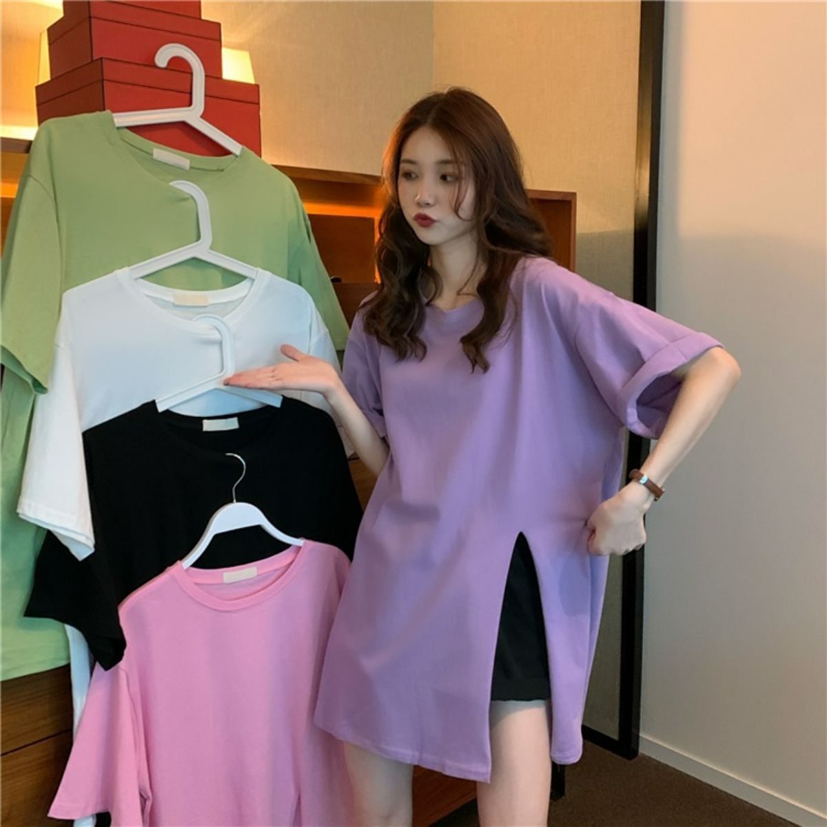 Maternity T-shirt summer design slit maternity top loose mid-length solid color short-sleeved T-shirt