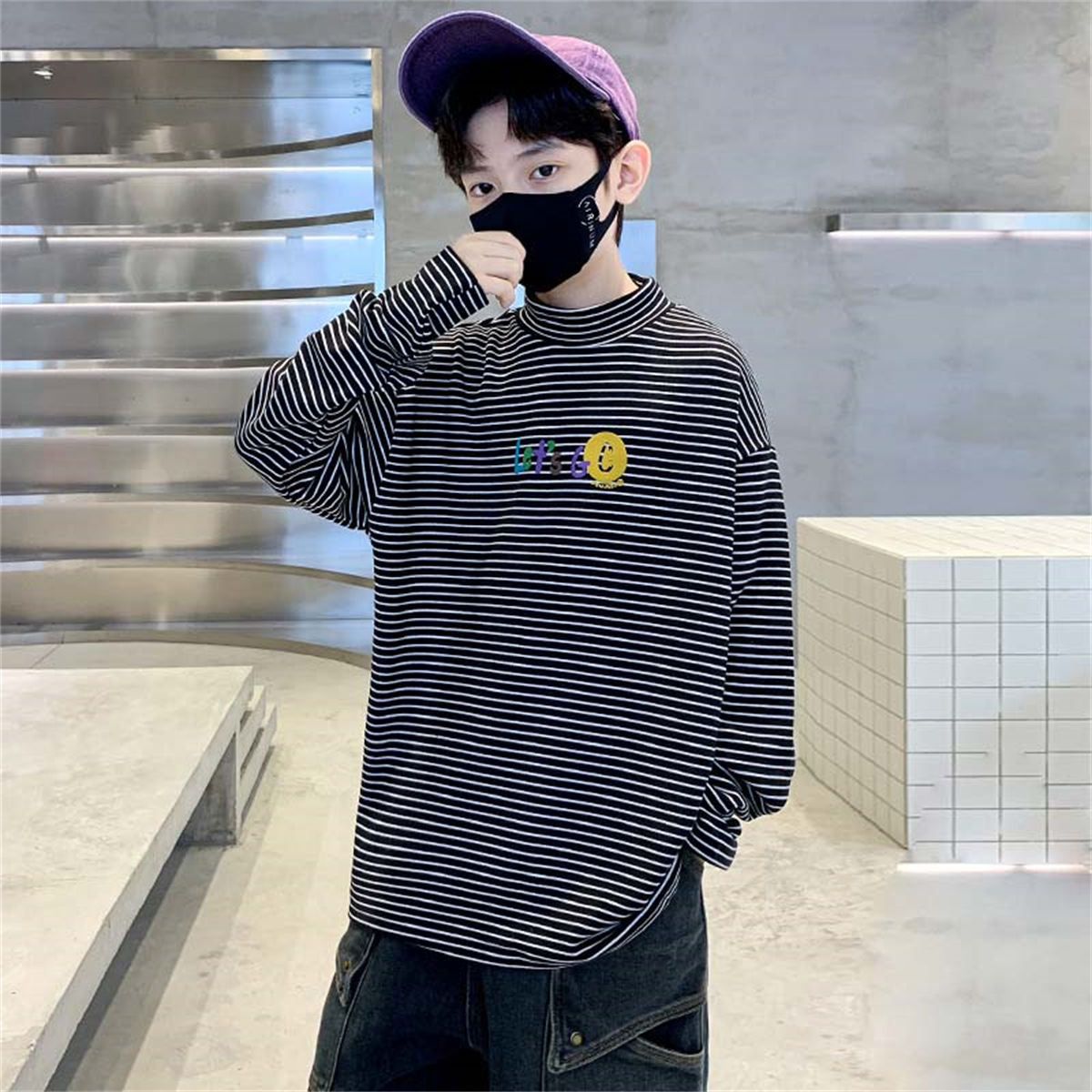 Winter plus velvet cute letter horizontal striped warm bottoming shirt for middle and large boys