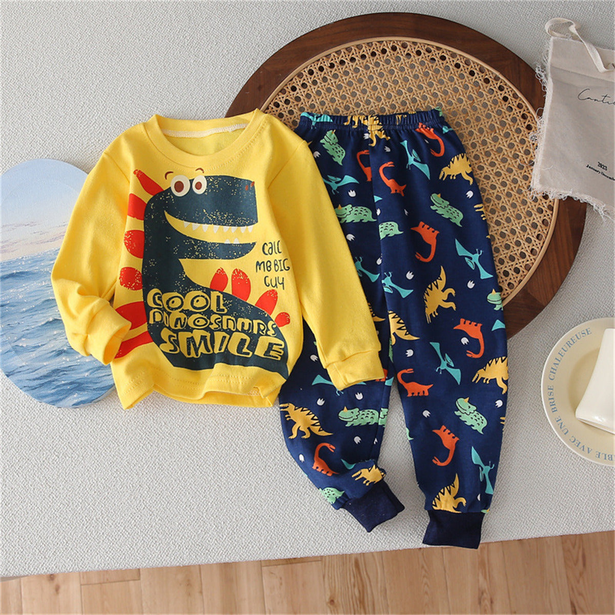 Children's cartoon dinosaur home clothes pajamas set warm 2-piece set