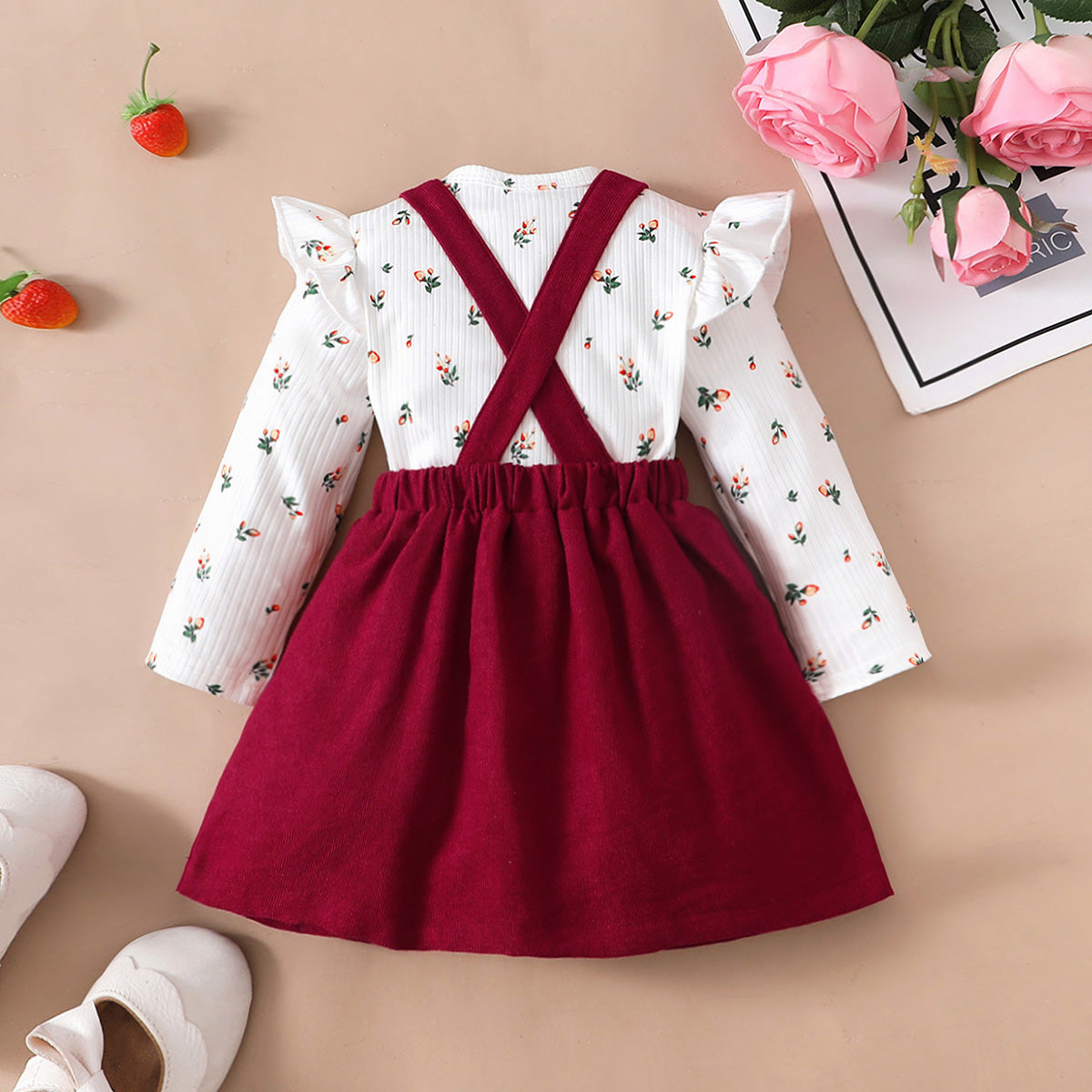 Baby Girl Floral Pattern Bodysuit & Solid Color Suspender Dress