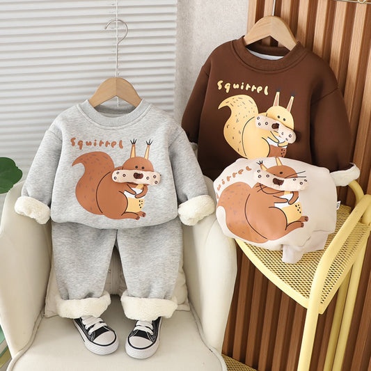 Baby autumn and winter plus fleece two-piece suit boy winter two-piece suit cartoon suit autumn and winter children's clothing