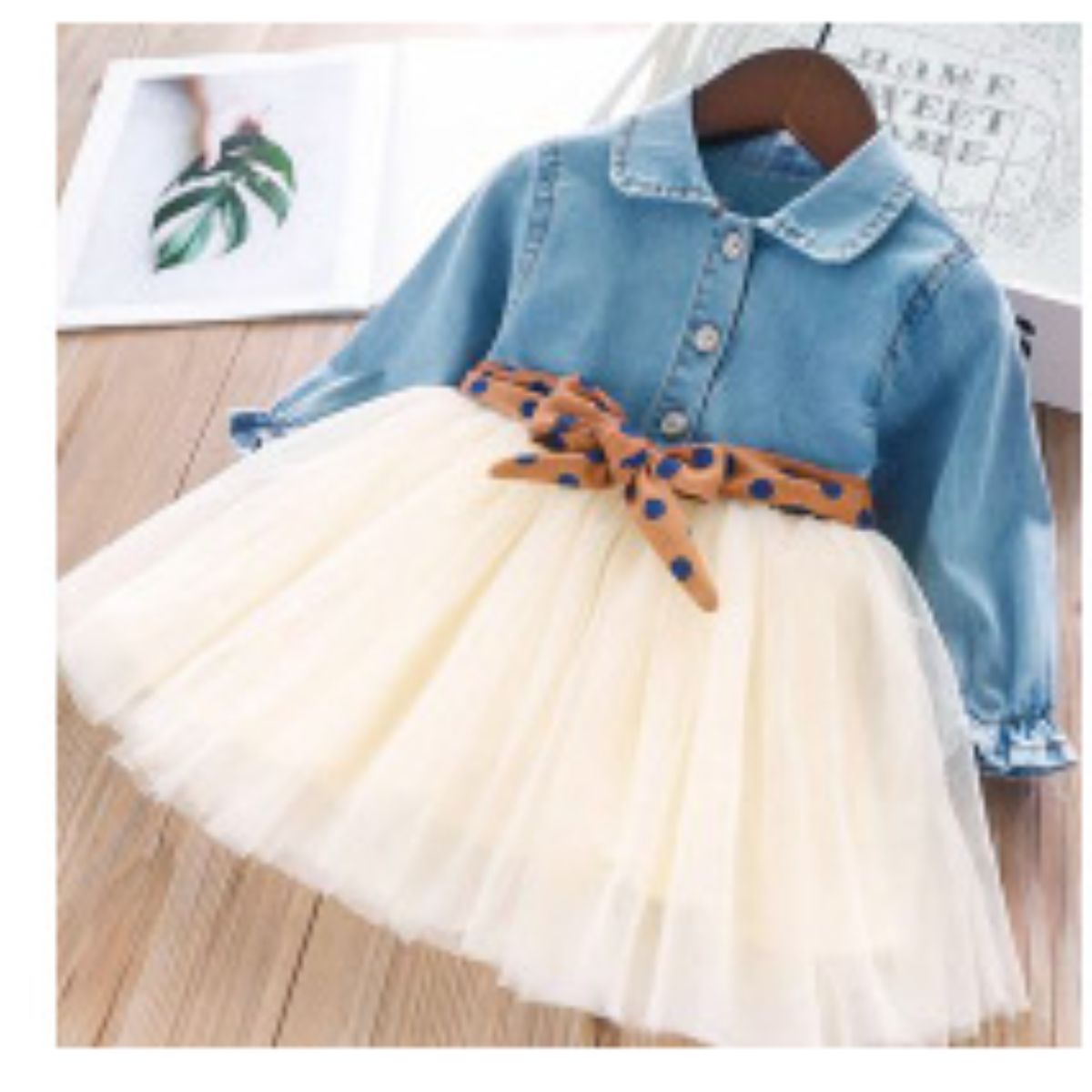 New autumn girls dress small and medium children's fashionable long-sleeved denim skirt polka dot belt skirt