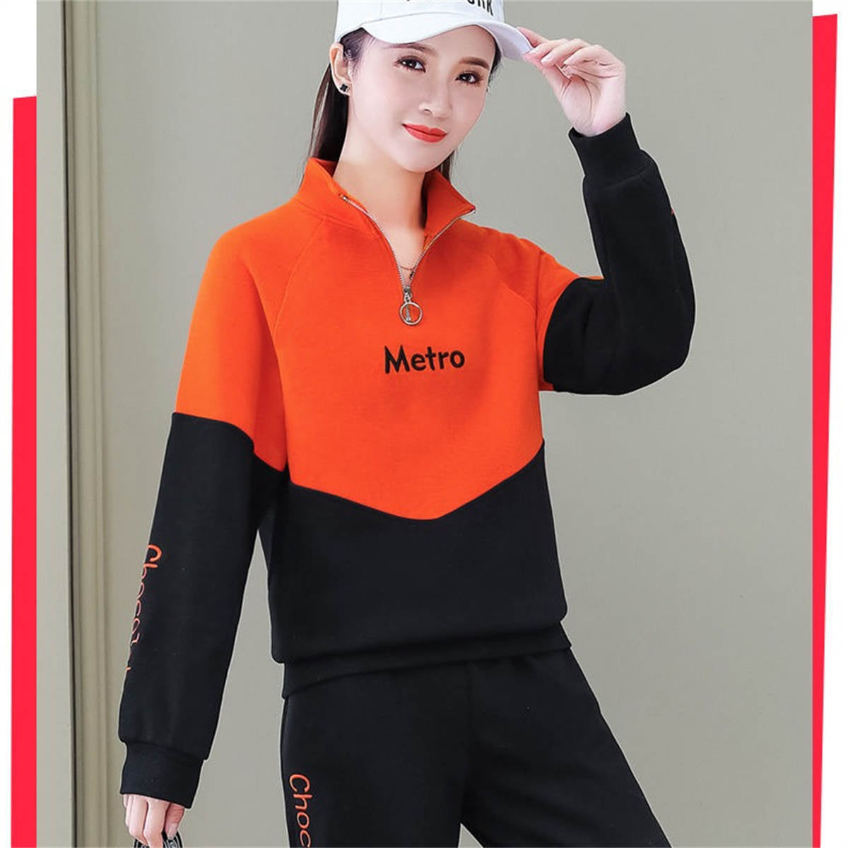 Women's sports large size stand collar sweatshirt suit