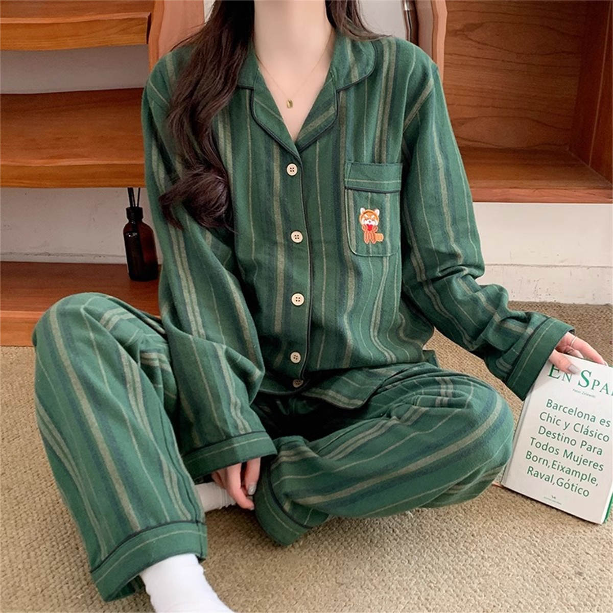 Bear striped long-sleeved large size suit thin section female cartoon homewear