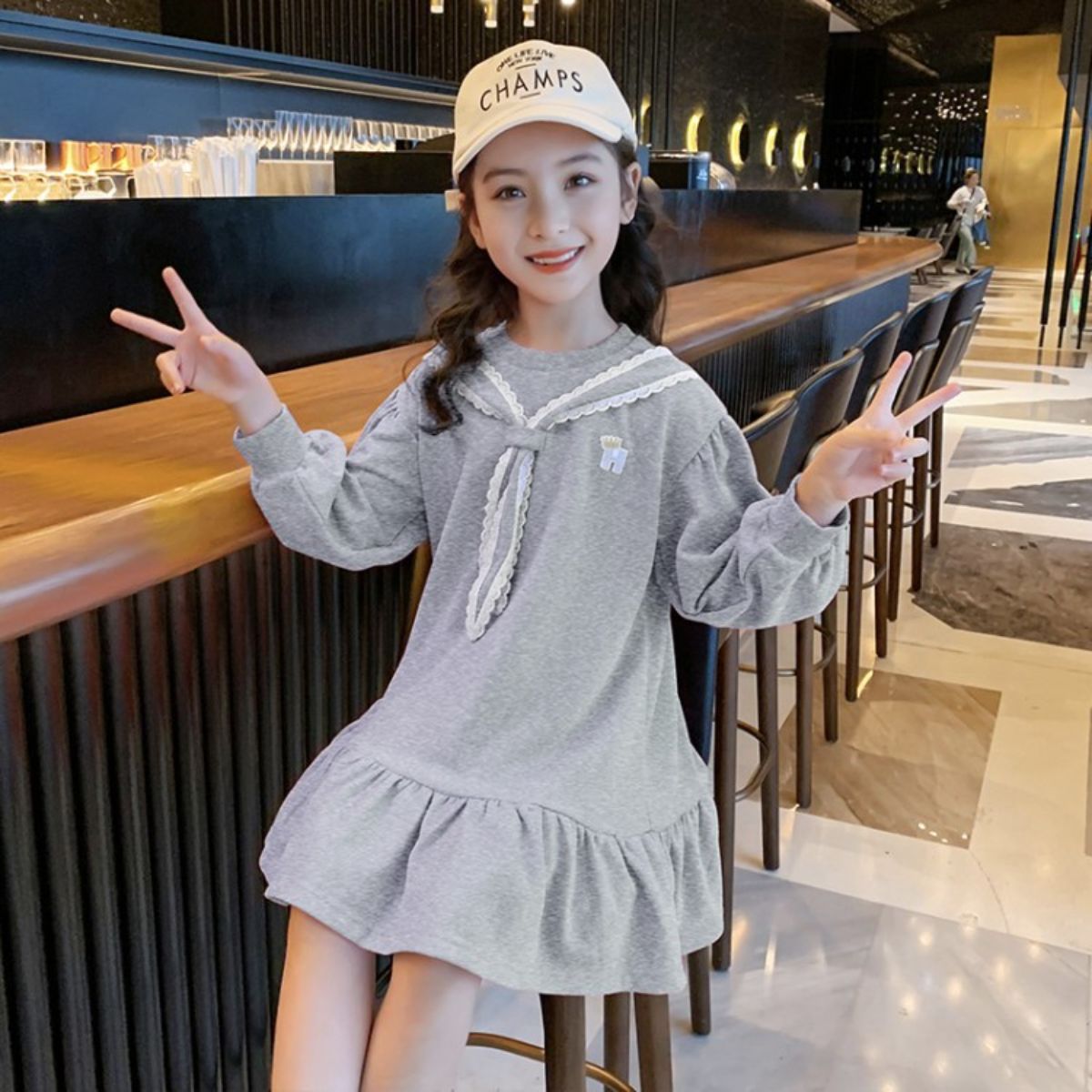 Girls autumn dress children's long-sleeved sweater dress spring and autumn middle and large children girls medium-length skirt