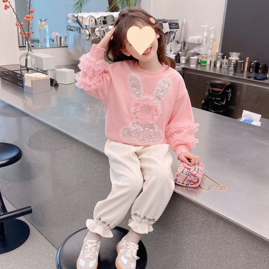 Girls' fleece sweatshirt new spring and autumn clothes for girls bunny pullover top children's pink long sleeve