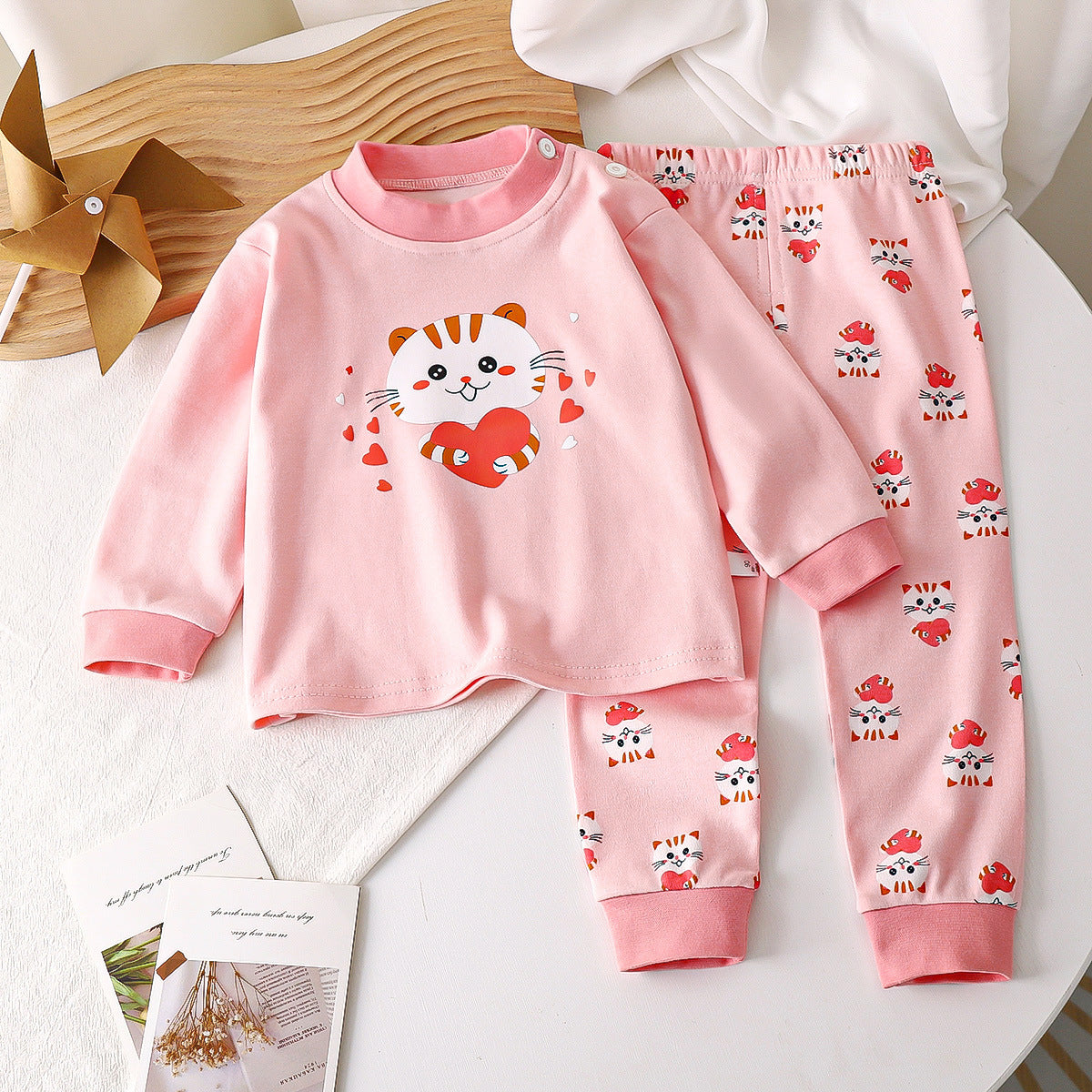 Pink little girl cute cat home clothes set